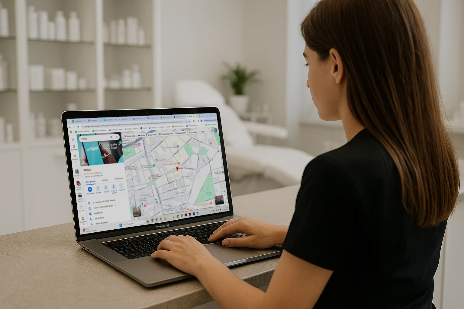 Mujer con ordenador en Google Maps