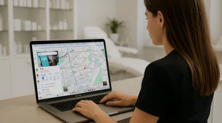 Mujer con ordenador en Google Maps